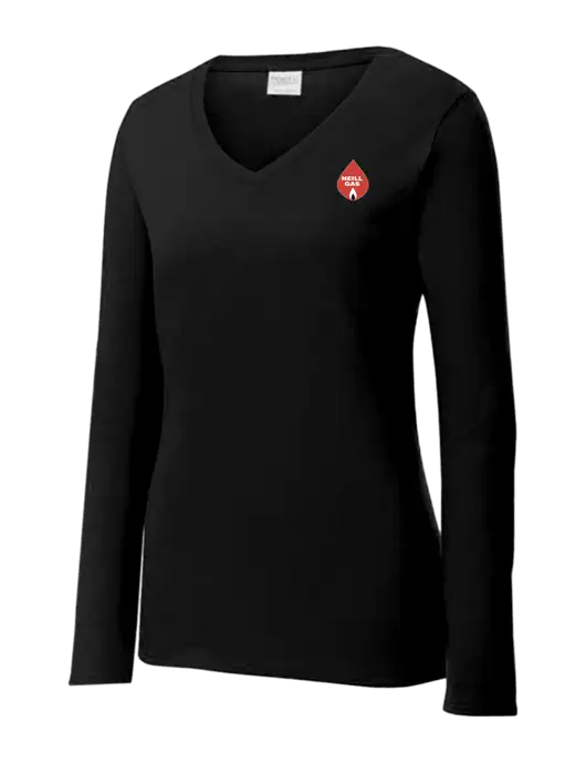 Womens V-Neck Ring Spun Jet Black 4.5 oz Long Sleeve T-Shirt w/Neill Gas Logo