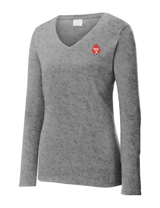 Womens  V-Neck Ring Spun Grey Heather 4.5 oz Long Sleeve T-Shirt w/Neill Gas Logo