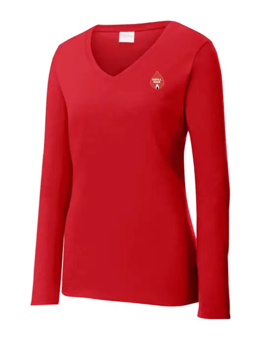Womens  V-Neck Ring Spun Bright Red 4.5 oz Long Sleeve T-Shirt w/Neill Gas Logo