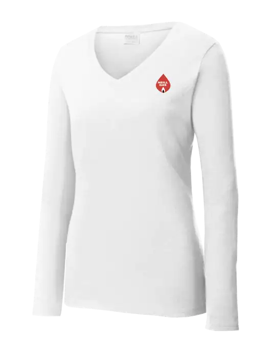 Womens  V-Neck Ring Spun White 4.5 oz Long Sleeve T-Shirt w/Neill Gas Logo