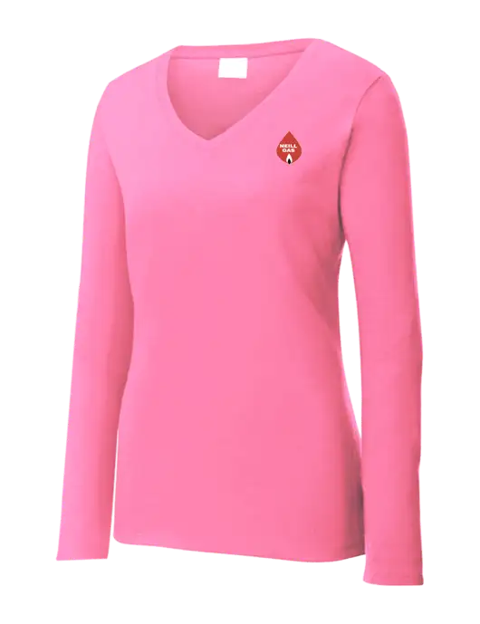 Womens  V-Neck Ring Spun Pink 4.5 oz Long Sleeve T-Shirt w/Neill Gas Logo
