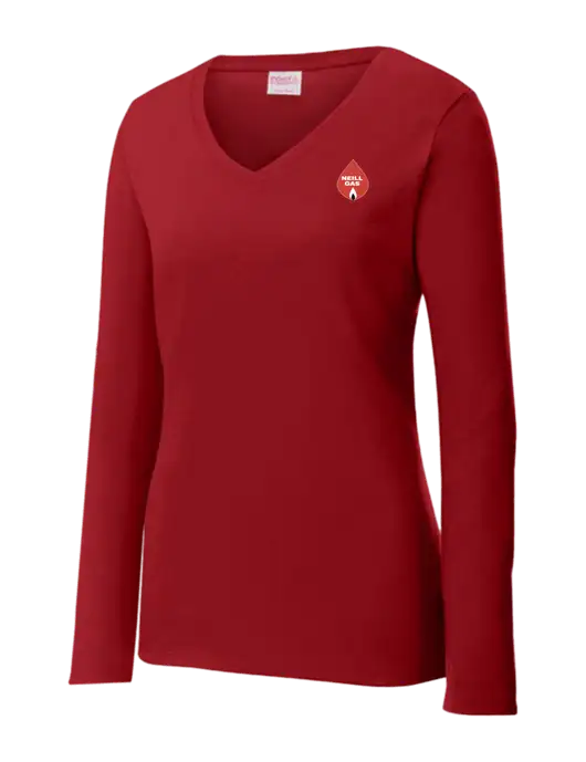 Womens V-Neck Ring Spun Cardinal 4.5 oz Long Sleeve T-Shirt w/Neill Gas Logo