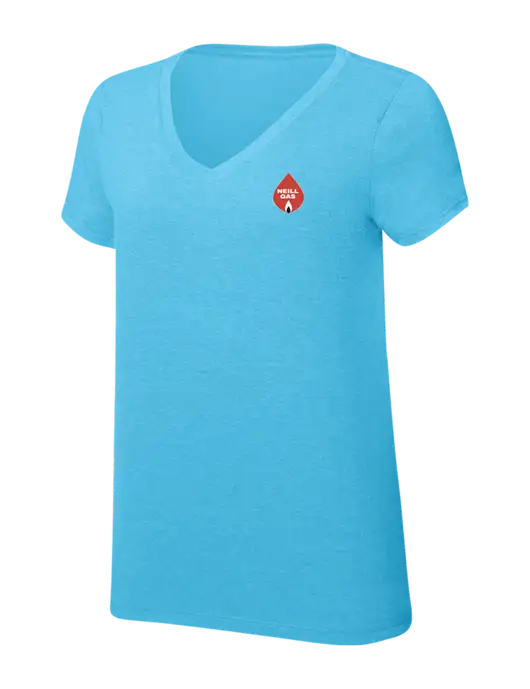 Womens Simply Soft V-Neck Turquoise Frost 4.5oz  Poly/Combed Ring Spun Cotton T-Shirt w/Neill Gas Logo