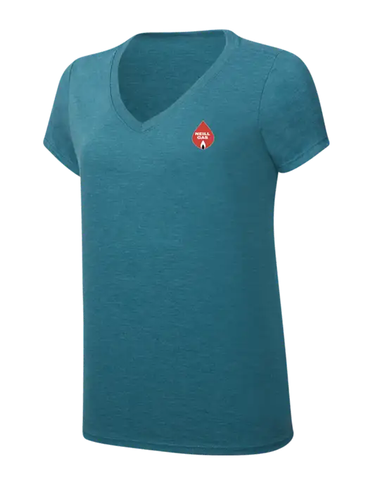 Womens Simply Soft V-Neck Heather Teal 4.5oz  Poly/Combed Ring Spun Cotton T-Shirt w/Neill Gas Logo