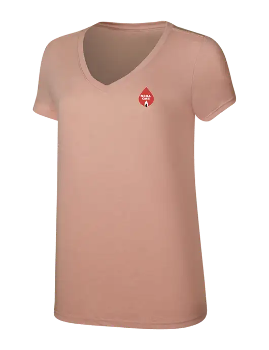 Womens Simply Soft V-Neck Heather Dusty Peach 4.5oz  Poly/Combed Ring Spun Cotton T-Shirt w/Neill Gas Logo