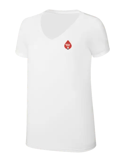 Womens Simply Soft V-Neck White 4.5oz  Poly/Combed Ring Spun Cotton T-Shirt w/Neill Gas Logo