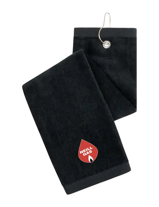 Black Tri-Fold Golf Towel with Grommet w/Neill Gas Logo