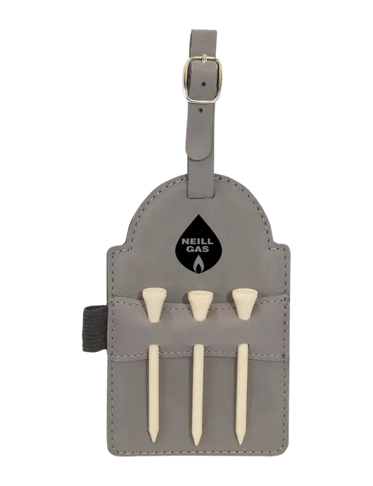 Grey Leatherette Golf Bag Tag with 3 Wooden Tees w/Neill Gas Logo