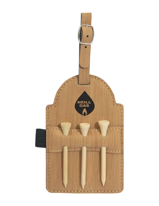 Bamboo Leatherette Golf Bag Tag with 3 Wooden Tees w/Neill Gas Logo