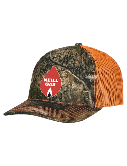 Mossy Oak Country DNA Camo/Orange Mesh Trucker Cap Snap Back w/Neill Gas Logo
