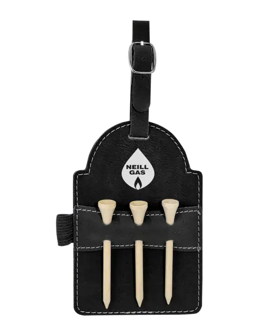 Black Leatherette Golf Bag Tag with 3 Wooden Tees w/Neill Gas Logo