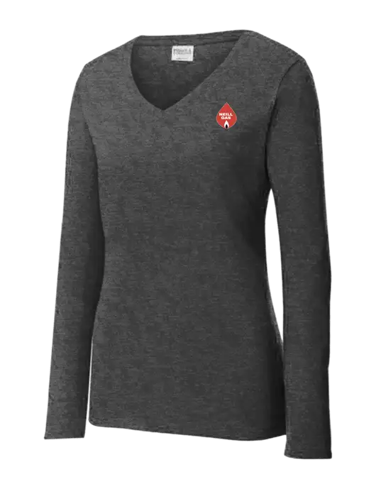 Womens  V-Neck Ring Spun Dark Heather Grey 4.5 oz Long Sleeve T-Shirt w/Neill Gas Logo