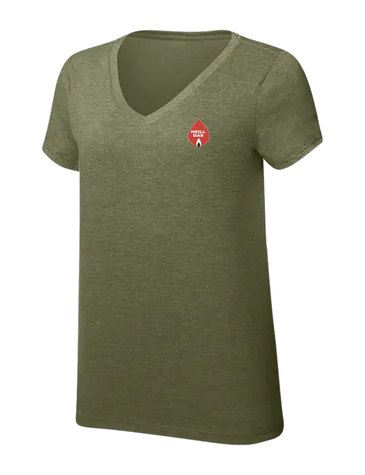 Womens Simply Soft V-Neck Military Green Frost 4.5oz  Poly/Combed Ring Spun Cotton T-Shirt w/Neill Gas Logo