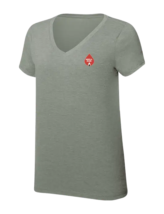 Womens Simply Soft V-Neck Heather Sage 4.5oz  Poly/Combed Ring Spun Cotton T-Shirt w/Neill Gas Logo