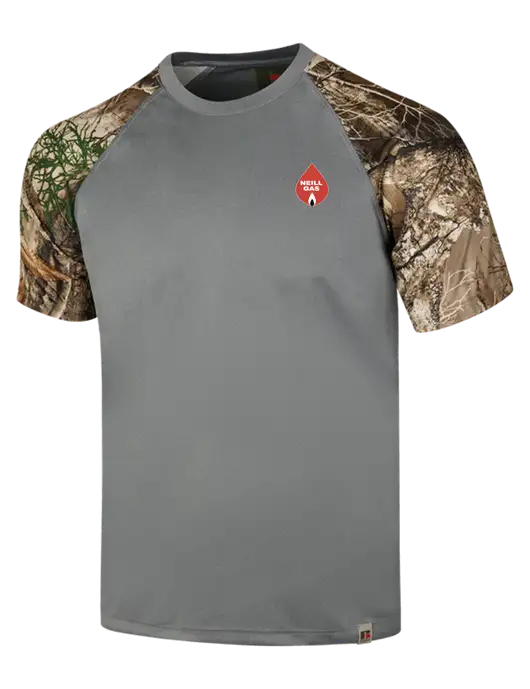 Russell Outdoors Medium Grey/Realtree Edge Camo Colorblock Performance T-Shirt w/Neill Gas Logo