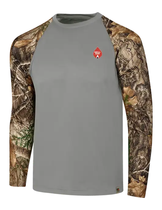 Russell Outdoors Medium Grey/Realtree Edge Camo Colorblock Performance Long Sleeve T-Shirt w/Neill Gas Logo
