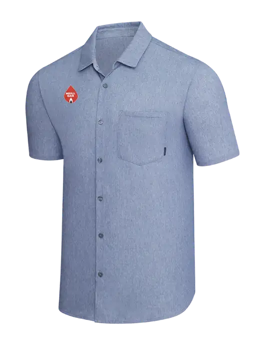 OGIO Slate Blue Heather Extend Short Sleeve Button Up Shirt w/Neill Gas Logo