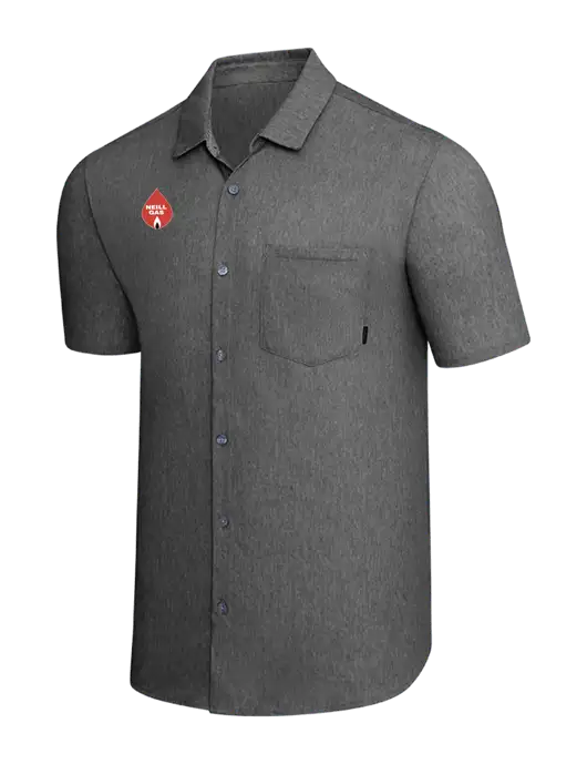 OGIO Dark Grey Heather Extend Short Sleeve Button Up Shirt w/Neill Gas Logo