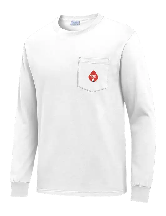 White Long Sleeve Heavyweight 6.1 oz Pocket T-Shirt w/Neill Gas Logo