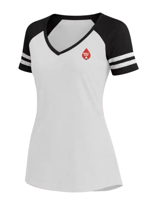 Womens White/Black V-Neck Game Tee w/Neill Gas Logo