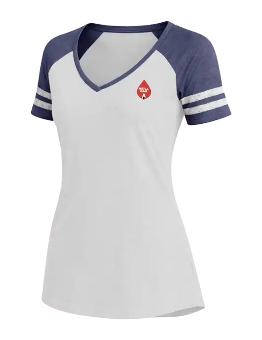 Womens White/Navy Heather V-Neck Game Tee w/Neill Gas Logo
