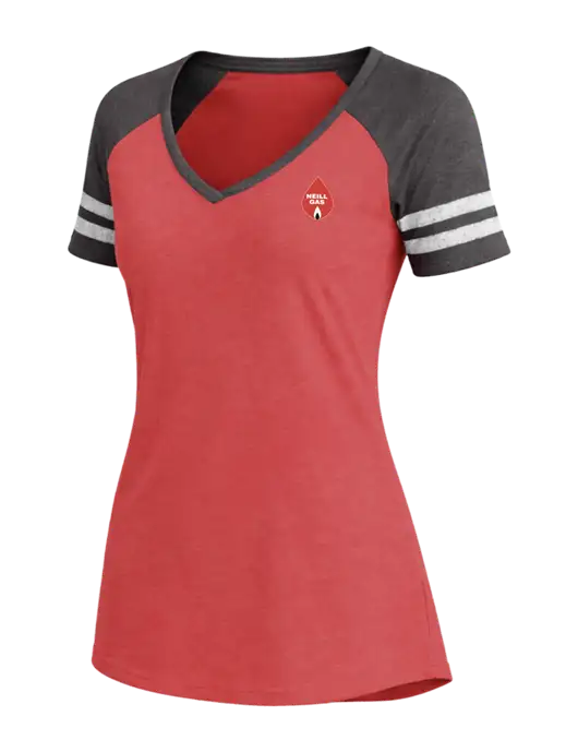 Womens Red Heather/Charcoal Heather V-Neck Game Tee w/Neill Gas Logo