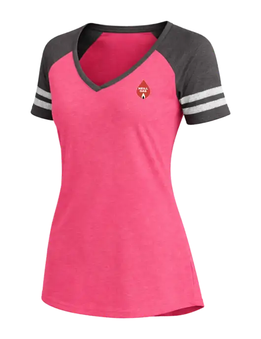 Womens Fucia Heather/Charcoal Heather V-Neck Game Tee w/Neill Gas Logo