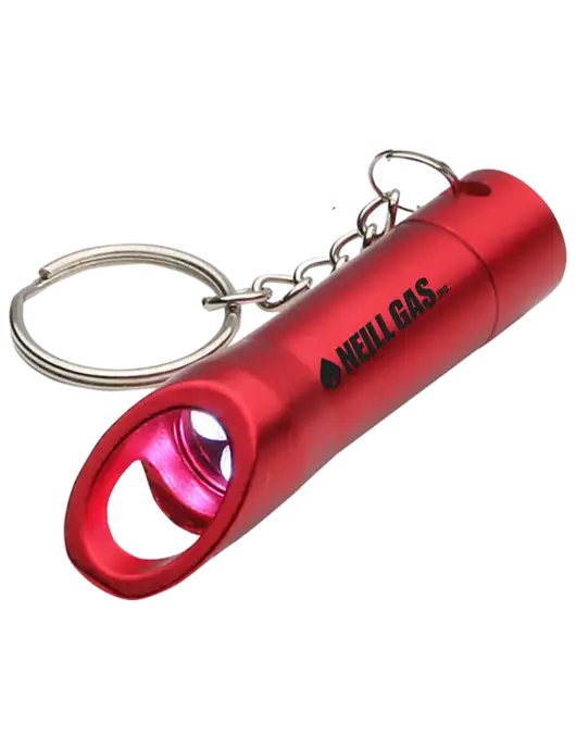 Red Pocket LED Flashlight with Bottle Opener & Keychain w/Neill Gas Logo