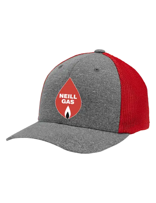Flexfit Red/Medium Grey Heather Melange Mesh Back Trucker Cap w/Neill Gas Logo