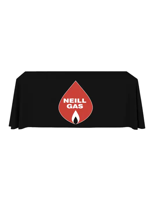 6' Stain-Resistant 4-Sided Black Table Cover w/Neill Gas Logo