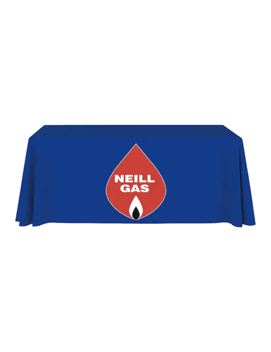 6' Stain-Resistant 4-Sided Dark Royal Table Cover w/Neill Gas Logo