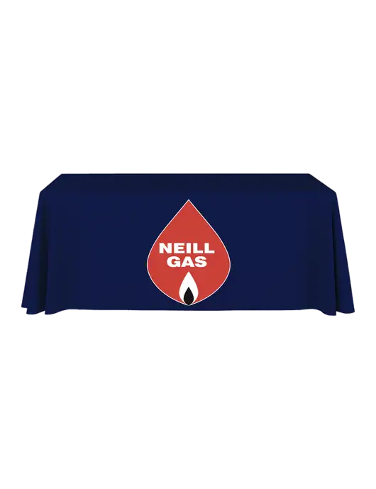 6' Stain-Resistant 4-Sided Dark Navy Table Cover w/Neill Gas Logo