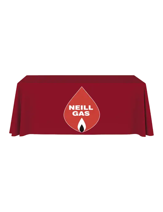 6' Stain-Resistant 4-Sided Red Table Cover w/Neill Gas Logo