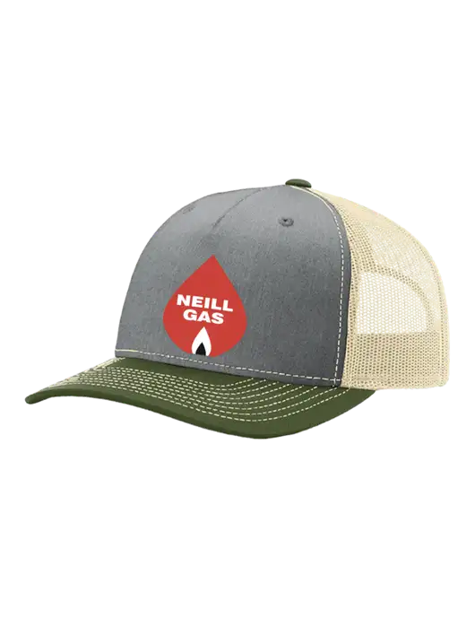 Richardson Five-Panel Trucker Olive/ Light Grey Heather w/Tan Mesh Cap  w/Neill Gas Logo