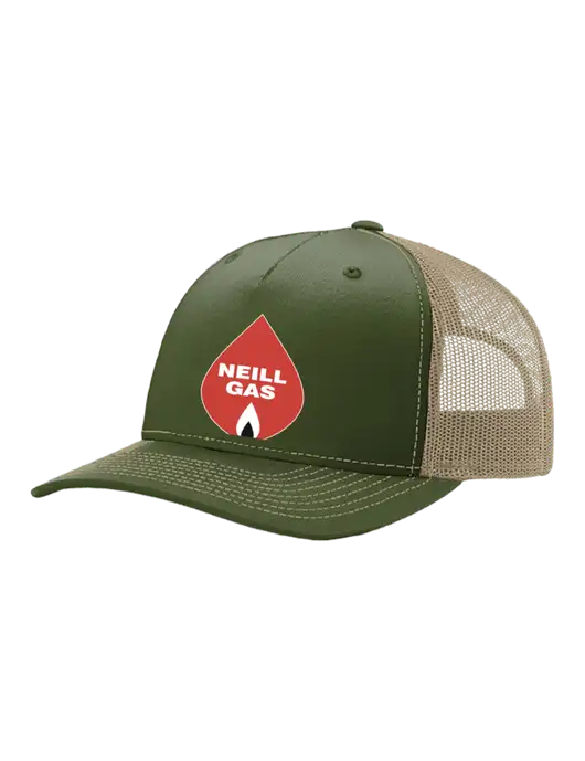 Richardson Five-Panel Trucker Medium Dark Olive/Tan Mesh Cap  w/Neill Gas Logo