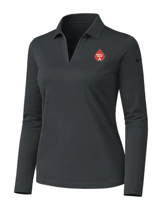 Nike Womens Dark Grey Dri-FIT Micro Pique 2.0 Long Sleeve Polo w/Neill Gas Logo