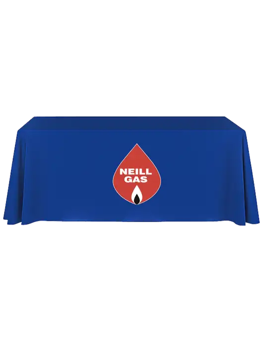 8' Stain-Resistant 4-Sided Dark Royal Table Cover w/Neill Gas Logo