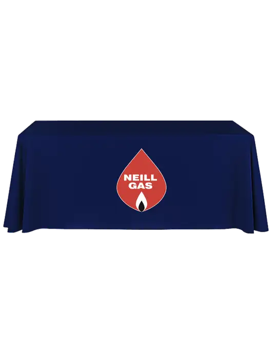8' Stain-Resistant 4-Sided Dark Navy Table Cover w/Neill Gas Logo